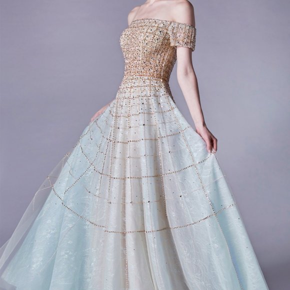 NEW CHAMPAGNE/BLUE PARTY EVENING OFF THE SHOULDER MODERN BEADED BALLGOWN AL0724 - Picture 6 of 13